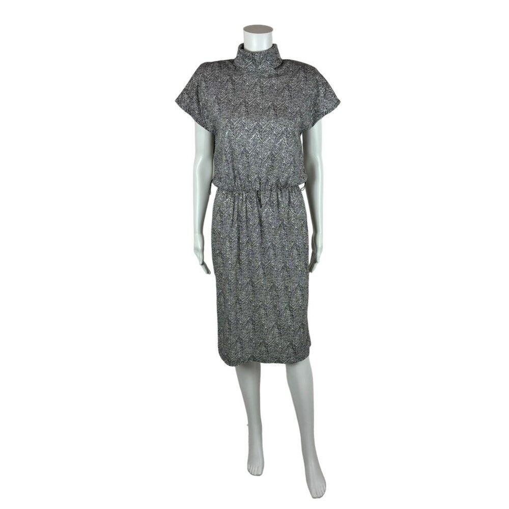 Vintage 80s Zebra Dress Women's Large Black White Animal Print Mock Neck Sheath